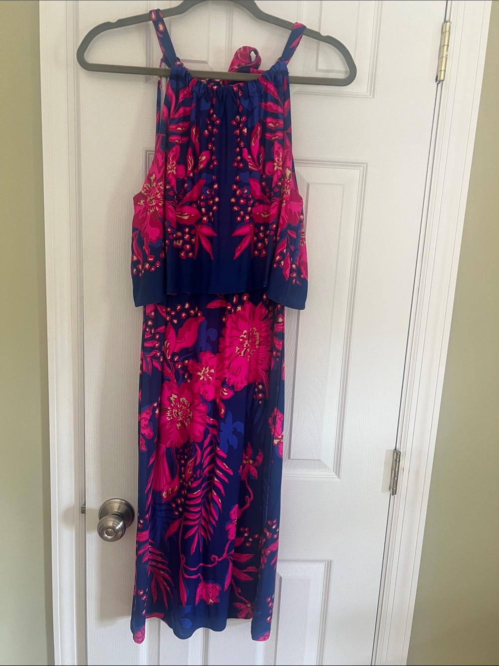 Lilly Pulitzer Navy and Hot Pink Tropical Print dress. Stella Mae halter dress